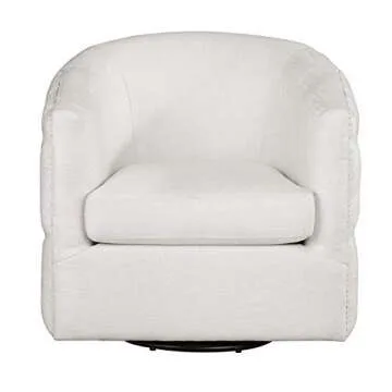 Strange DNA Kate Club Chair | Solid Wood, Polyester, Metal Base Capstone Swivel Armchair | Button Tufted Back Chrome Nail Trim Living Room Accent Chair Furniture with 360 Degree Swivel, Ivory