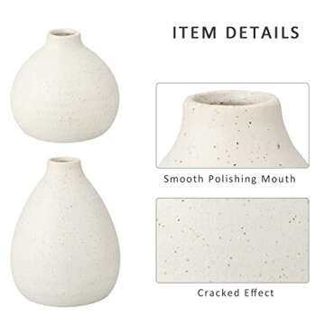 Decorative White Ceramic Vases Set of 2 Small Bud Vases for Rustic Home Decor Narrow Mouth Floral Va...