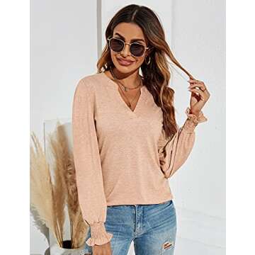Romanstii Women's Summer Casual T-Shirt V-Neck Long Sleeve Tunic Tops for Leggings Loose Blouse Shir...