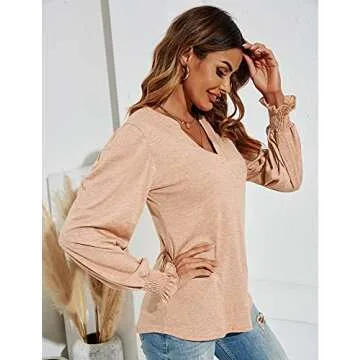 Romanstii Women's Summer Casual T-Shirt V-Neck Long Sleeve Tunic Tops for Leggings Loose Blouse Shirt,Apricot,M