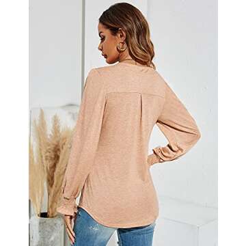 Romanstii Women's Summer Casual T-Shirt V-Neck Long Sleeve Tunic Tops for Leggings Loose Blouse Shirt,Apricot,M
