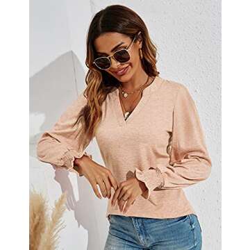 Romanstii Women's Summer Casual T-Shirt V-Neck Long Sleeve Tunic Tops for Leggings Loose Blouse Shirt,Apricot,M
