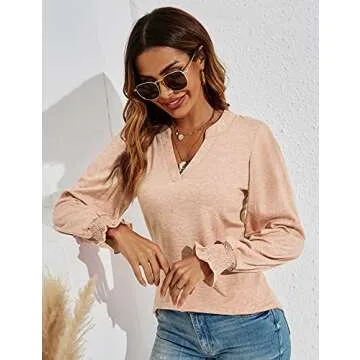Romanstii Women's Summer Casual T-Shirt V-Neck Long Sleeve Tunic Tops for Leggings Loose Blouse Shirt,Apricot,M