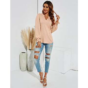 Romanstii Women's Summer Casual T-Shirt V-Neck Long Sleeve Tunic Tops for Leggings Loose Blouse Shirt,Apricot,M