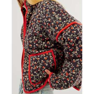 Tankaneo Womens Quilted Lightweight Jackets Floral Print Winter Coats Open Front Cardigan with Pocke...