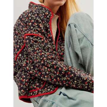 Tankaneo Womens Quilted Lightweight Jackets Floral Print Winter Coats Open Front Cardigan with Pockets