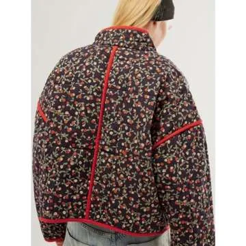 Tankaneo Womens Quilted Lightweight Jackets Floral Print Winter Coats Open Front Cardigan with Pockets