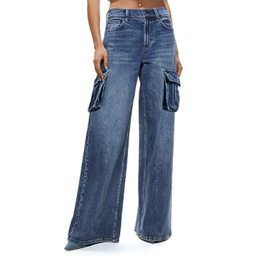 Womens Cargo Jeans High Waisted Wide Leg Baggy Denim Cargo Pants Flap Pocket Y2K Streetwear Casual T...