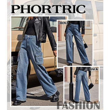 Womens Cargo Jeans High Waisted Wide Leg Baggy Denim Cargo Pants Flap Pocket Y2K Streetwear Casual Trousers (Blue,X-Large)