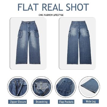 Womens Cargo Jeans High Waisted Wide Leg Baggy Denim Cargo Pants Flap Pocket Y2K Streetwear Casual Trousers (Blue,X-Large)