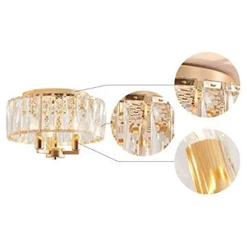 AGV LIGHTING CL002G Crystal Semi Flush Mount Ceiling Light Fixture, E12 Base 3-Lights, D13 x H15, Shine Gold Finish