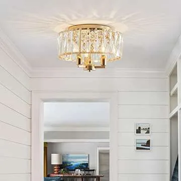 AGV LIGHTING CL002G Crystal Semi Flush Mount Ceiling Light Fixture, E12 Base 3-Lights, D13 x H15, Shine Gold Finish