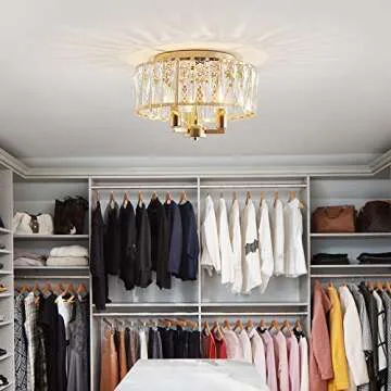 AGV LIGHTING CL002G Crystal Semi Flush Mount Ceiling Light Fixture, E12 Base 3-Lights, D13 x H15, Shine Gold Finish