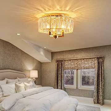 AGV LIGHTING CL002G Crystal Semi Flush Mount Ceiling Light Fixture, E12 Base 3-Lights, D13 x H15, Shine Gold Finish