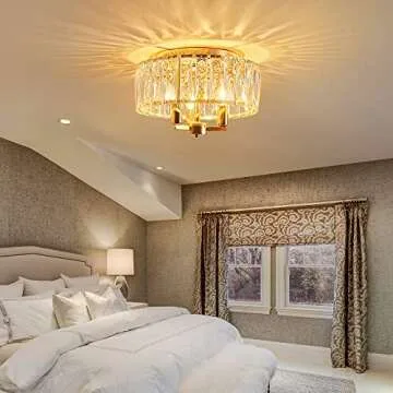 AGV LIGHTING CL002G Crystal Semi Flush Mount Ceiling Light Fixture, E12 Base 3-Lights, D13 x H15, Shine Gold Finish