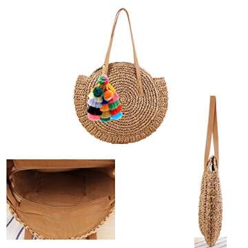 Donalworld Women Round Straw Pompom Shoulder Bag Corn Summer Woven Bags Coffee