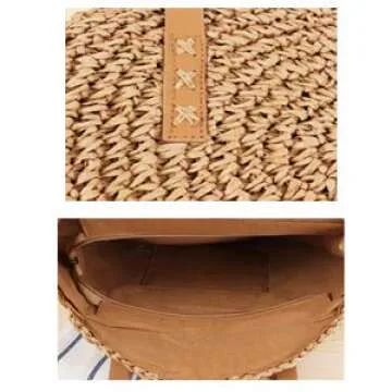 Donalworld Women Round Straw Pompom Shoulder Bag Corn Summer Woven Bags Coffee