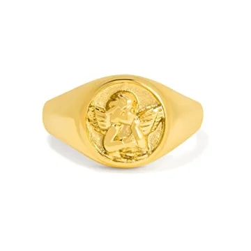 BENIQUE Gold Silver Chunky Signet Stackable Pinky Ring for Women Men, Guardian Angel Cherub, Tarnish...