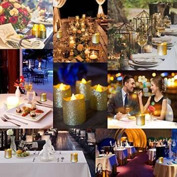 LOGUIDE Gold Flameless Votive Candles,Battery Operated Gold Glitter LED Tea Light Candles for Party,Table,Wedding Centerpieces,Christmas, Birthday Anniversary Decorations(Pack of 12)
