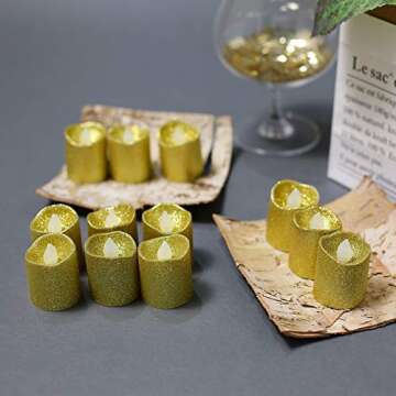 LOGUIDE Gold Flameless Votive Candles,Battery Operated Gold Glitter LED Tea Light Candles for Party,Table,Wedding Centerpieces,Christmas, Birthday Anniversary Decorations(Pack of 12)