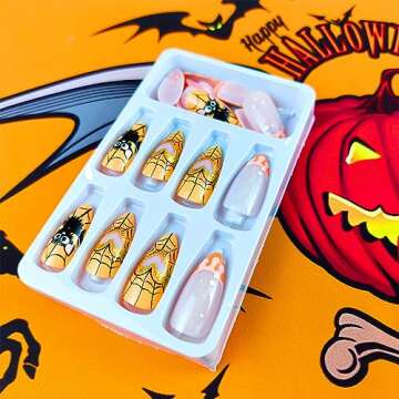 Halloween Press on Nails Almond Fake Nails Medium False Nails Cute Acrylic Nails Full Cover Halloween Artificial Nails with Orange Love Bat Spider Web Deigns Glossy Stick on Nails for Women and Girls