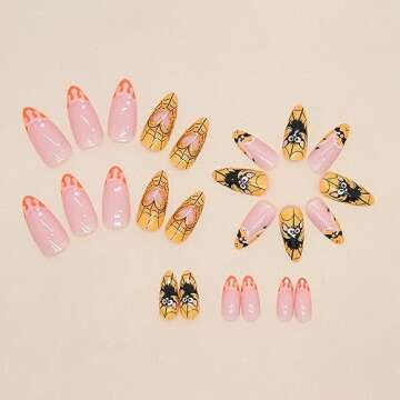 Halloween Press on Nails Almond Fake Nails Medium False Nails Cute Acrylic Nails Full Cover Halloween Artificial Nails with Orange Love Bat Spider Web Deigns Glossy Stick on Nails for Women and Girls