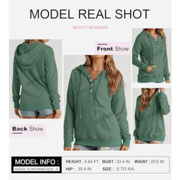 SHEWIN Womens Hoodies Casual Long Sleeve Solid Lightweight Hoodie Pullover Tops Soft Button Loose Hooded Sweatshirt Fall Clothes for Women 2024,US 4-6(S),Green