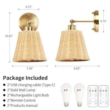 Frideko Rattan Rechargeable Battery Operated Wall Sconces Set of Two with Remote, 3 Colors Dimmable Wireless Wall Light, 5200mAh Indoor Wall Lamp with 4 Timer, Boho Sconces Wall Lighting for Bedroom