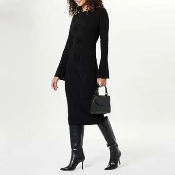 The Drop Women's Fernanda Bell Sleeve Ribbed Sweater Dress Black, S
