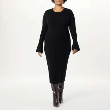 The Drop Women's Fernanda Bell Sleeve Ribbed Sweater Dress Black, S