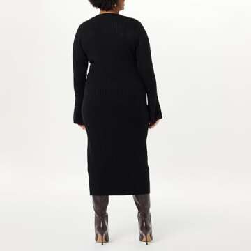 The Drop Women's Fernanda Bell Sleeve Ribbed Sweater Dress Black, S