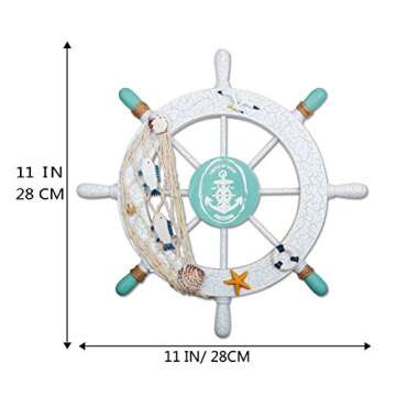 2 Pack 11" Nautical Beach Wooden Ship Wheel and 13" Wood Anchor with Rope Nautical Boat Steering Whe...