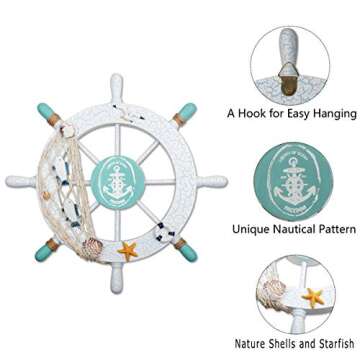 2 Pack 11" Nautical Beach Wooden Ship Wheel and 13" Wood Anchor with Rope Nautical Boat Steering Wheel Rudder Anchor Wall Decor Door Hanging Ornament Beach Theme Home Decoration(White&Green)