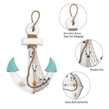 2 Pack 11" Nautical Beach Wooden Ship Wheel and 13" Wood Anchor with Rope Nautical Boat Steering Wheel Rudder Anchor Wall Decor Door Hanging Ornament Beach Theme Home Decoration(White&Green)