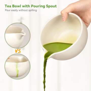 Joiish Matcha Tea Kit 10-Pcs Set, Whisk and Bowl with Spout & Measuring Spoon, Japanese Tea Making Tools, White