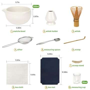 Joiish Matcha Tea Kit 10-Pcs Set, Whisk and Bowl with Spout & Measuring Spoon, Japanese Tea Making Tools, White