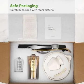 Joiish Matcha Tea Kit 10-Pcs Set, Whisk and Bowl with Spout & Measuring Spoon, Japanese Tea Making Tools, White