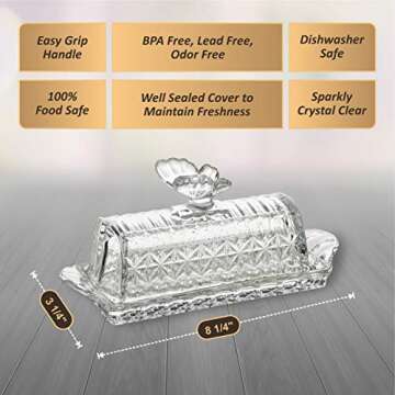 Bezrat Glass Butter Dish | Premium Butter Dish with Lid and Easy Grip Handle | Easy to Use and 100% Food Safe - Dishwasher Safe | Butterfly Addition