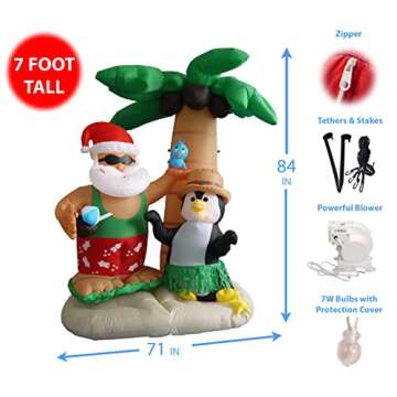 7 Foot Christmas Inflatable Santa Claus and Penguin with Palm Tree Yard Decoration Lights Decor Outd...