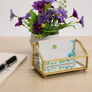 Hipiwe Glass Business Card Holder Stand, Stylish Gold Metal Frame for Office Display