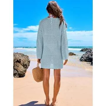 ANRABESS Women Swimsuit Crochet Swim Cover Up 2025 Summer Bathing Suit Swimwear Mesh Knit Beach Dress Vacation Outfits Sky Blue Medium