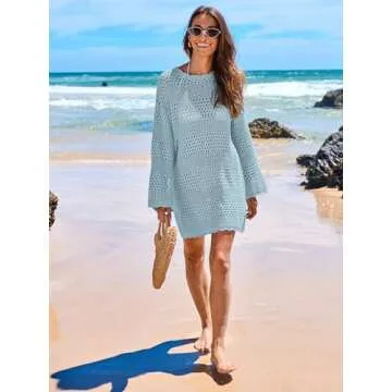 ANRABESS Women Swimsuit Crochet Swim Cover Up 2025 Summer Bathing Suit Swimwear Mesh Knit Beach Dress Vacation Outfits Sky Blue Medium