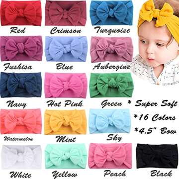 JOYOYO 16 Colors Soft Wide Turban Baby Headbands with 4.5 inches Hair Bow Headwraps for Baby Girls Infants Newborn Hair Accessories Toddlers Kids and Children
