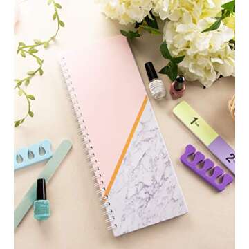 Salon Appointment Book - 2-Column Schedule Book, Undated Appointment Planner for Hairdresser, Stylist, Nail Salon, Massage Spa, Pink with Marble Print Cover, Spiral Bound, 200 Pages, 13.5 x 5 Inches