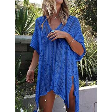 Jeasona Women’s Bathing Suit Cover Up Beach Bikini Swimsuit Swimwear Crochet Dress (Blue, M)