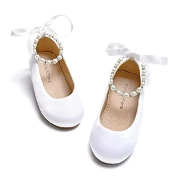 Felix & Flora Girls Toddler Little Ballet Shoes - White Mary Jane Flats for Weddings & Parties
