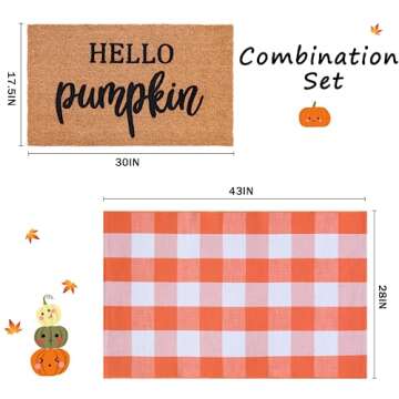 Fall Decor Door Mat Combo Set, 100% Coco Coir Welcome Mat + 28 x 43 Inches Orange and White Plaid Ru...