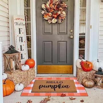 Fall Decor Door Mat Combo Set, 100% Coco Coir Welcome Mat + 28 x 43 Inches Orange and White Plaid Rug - Fall Thanksgiving Front Porch Entryway Floor Doormat, Indoor Outdoors Autumn Mats Hello Pumpkin