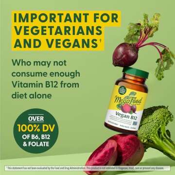 MegaFood Vegan Vitamin B12, Vitamin B Supplement with Vitamin B6, B12 Vitamins, and Folic Acid, Supports Cellular Energy Production, Nervous System Health & Cardiovascular Function - 30 Tablets