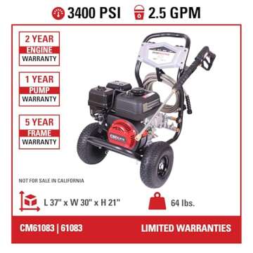 SIMPSON Cleaning CM61083 Clean Machine 3400 PSI Gas Pressure Washer, 2.5 GPM, CRX Engine, Includes Spray Gun and Wand, 4 QC Nozzle Tips, 5/16-in. x 25-ft. MorFlex Hose, 49-State